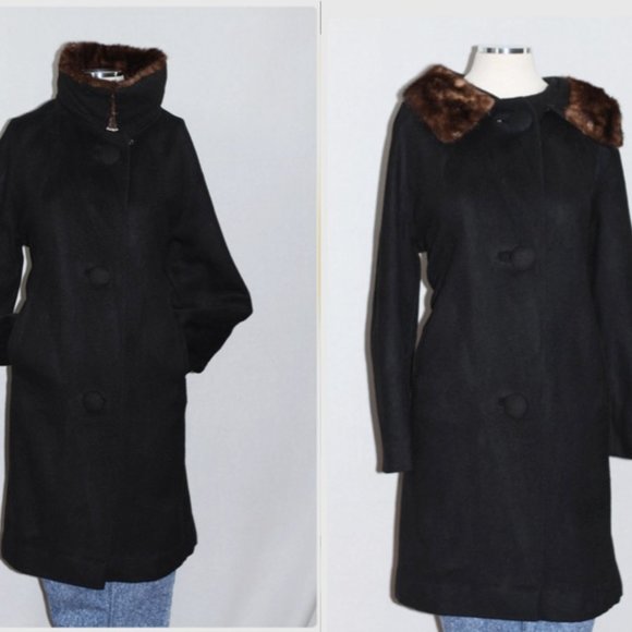 Fur Collar Black Wool Trench Coat - Picture 1 of 15
